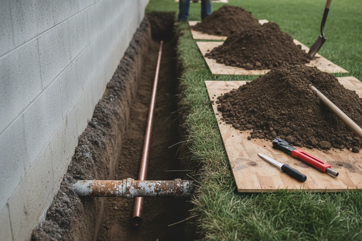 Excavated water line trench during Water Heater Repair in Fabius